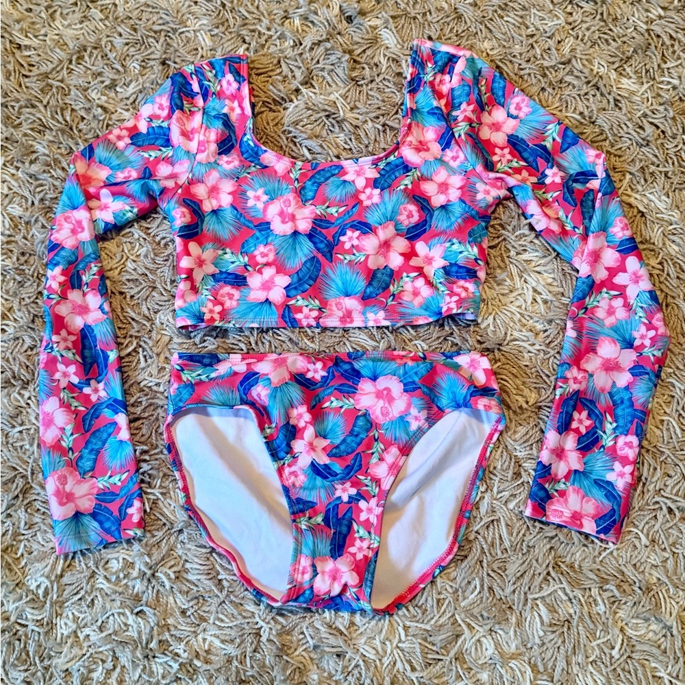 Art Class Girls' Pink & Blue Floral Long-Sleeve Two-Piece Swim Set XL (14) EUC